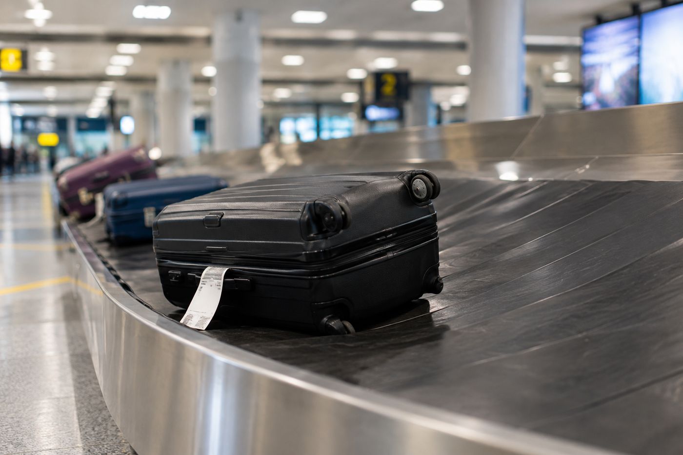 Svart koffert med bagasjelapp på bagasjebåndet på en flyplass